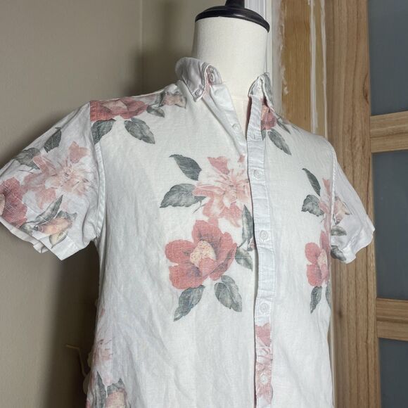 Denim & Flower Mens Small Floral Print Button Up Short Sleeve Shirt Linen Blend - Picture 3 of 11